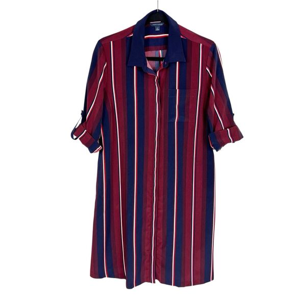 Tommy Hilfiger Navy Red Stripe Hidden Button 3/4 Roll Tab Sleeve Shirt Dress L - Picture 1 of 10